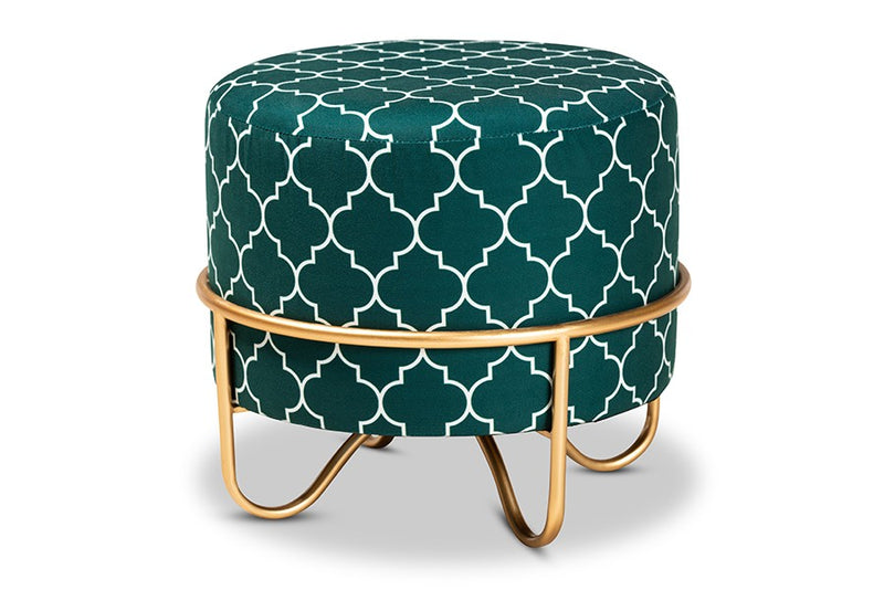 Anthony Teal Green Quatrefoil Velvet Fabric, Gold Finished Metal Ottoman iHome Studio