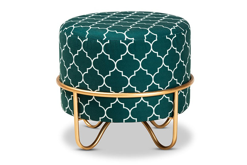 Anthony Teal Green Quatrefoil Velvet Fabric, Gold Finished Metal Ottoman iHome Studio