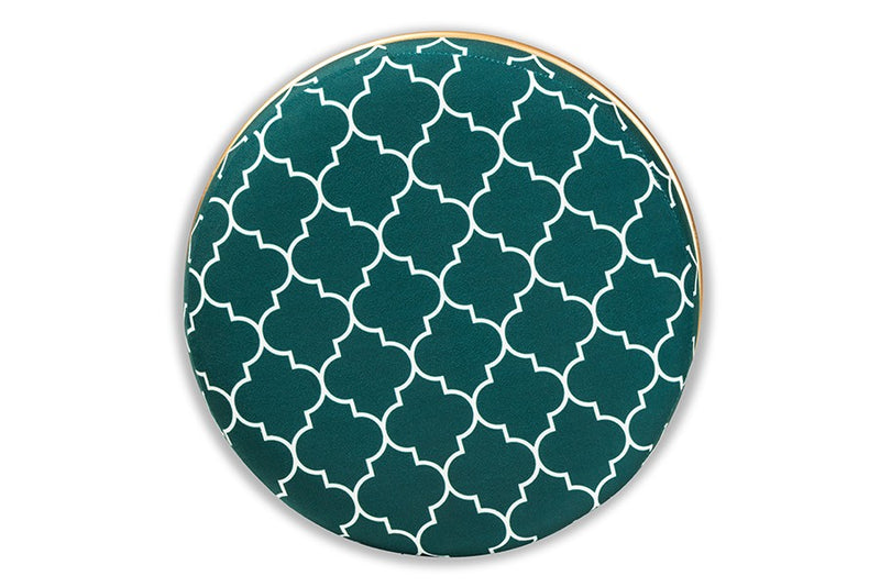 Anthony Teal Green Quatrefoil Velvet Fabric, Gold Finished Metal Ottoman iHome Studio