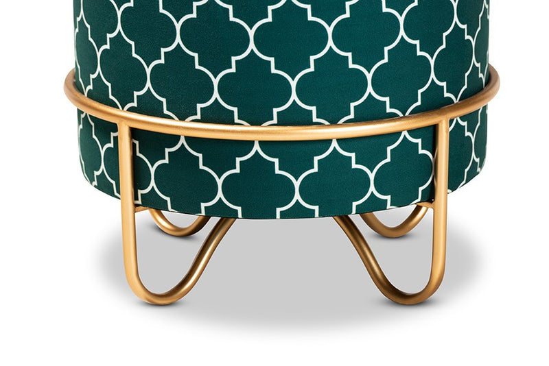 Anthony Teal Green Quatrefoil Velvet Fabric, Gold Finished Metal Ottoman iHome Studio