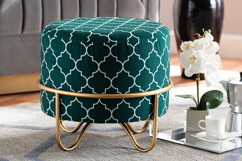 Anthony Teal Green Quatrefoil Velvet Fabric, Gold Finished Metal Ottoman iHome Studio