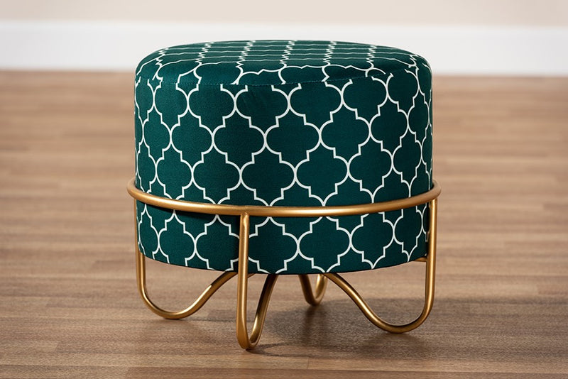 Anthony Teal Green Quatrefoil Velvet Fabric, Gold Finished Metal Ottoman iHome Studio