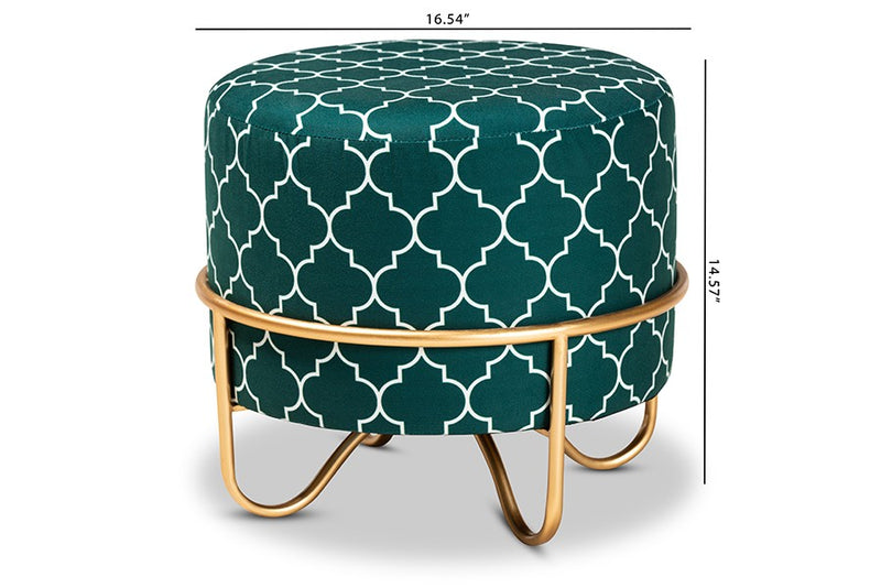 Anthony Teal Green Quatrefoil Velvet Fabric, Gold Finished Metal Ottoman iHome Studio