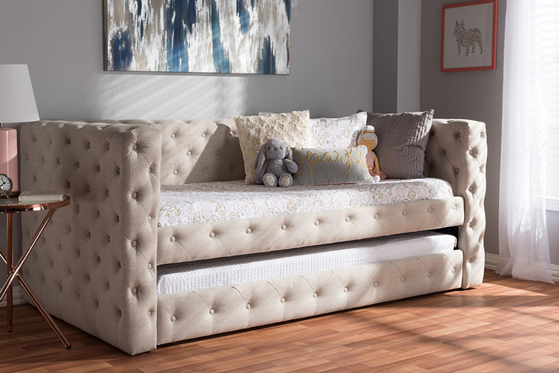 Raven Classic And Contemporary Light Beige Fabric Upholstered Daybed w/Trundle iHome Studio