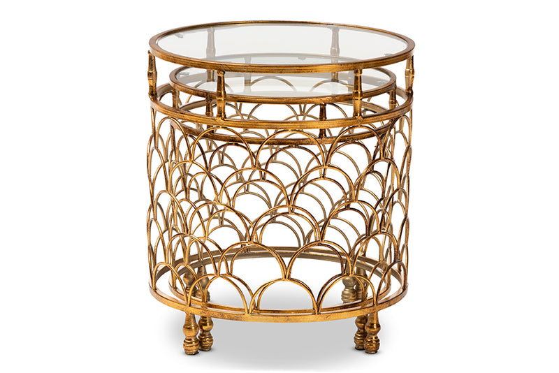 George Antique Gold Metal, Glass 2-Piece Stackable Accent Table Set iHome Studio