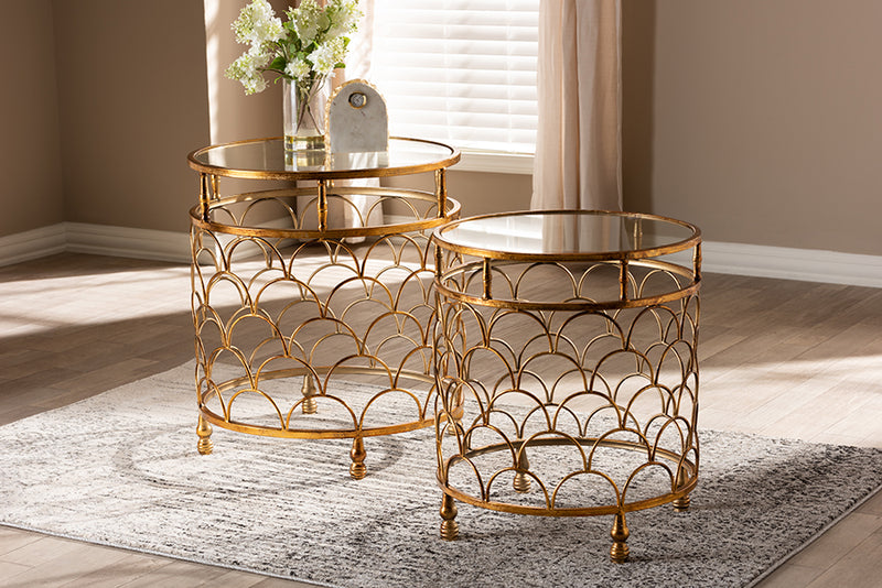 George Antique Gold Metal, Glass 2-Piece Stackable Accent Table Set iHome Studio
