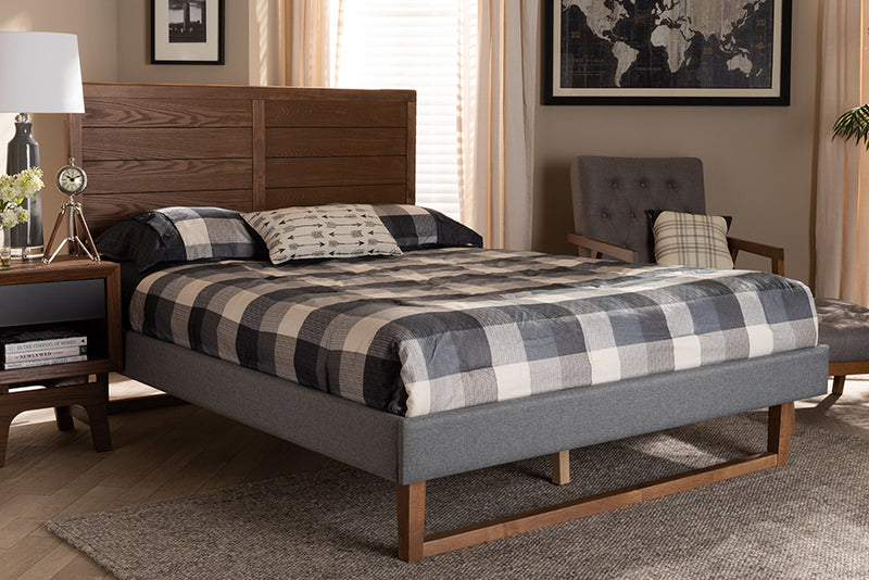 Anna Dark Gray Fabric Ash Walnut Brown Wood Platform Bed (King) iHome Studio