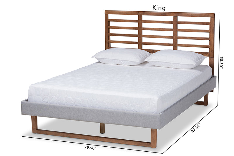 Melanie Light Gray Fabric Ash Walnut Brown Wood Platform Bed w/Slat Headboard (King) iHome Studio