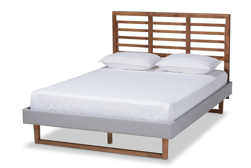 Melanie Light Gray Fabric Ash Walnut Brown Wood Platform Bed w/Slat Headboard (Queen) iHome Studio