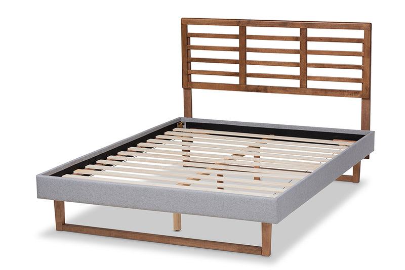 Melanie Light Gray Fabric Ash Walnut Brown Wood Platform Bed w/Slat Headboard (King) iHome Studio