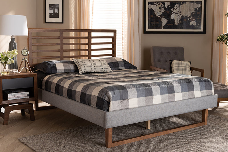 Melanie Light Gray Fabric Ash Walnut Brown Wood Platform Bed w/Slat Headboard (Full) iHome Studio