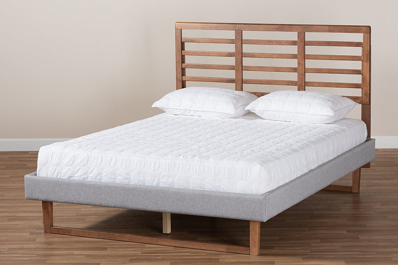 Melanie Light Gray Fabric Ash Walnut Brown Wood Platform Bed w/Slat Headboard (Full) iHome Studio