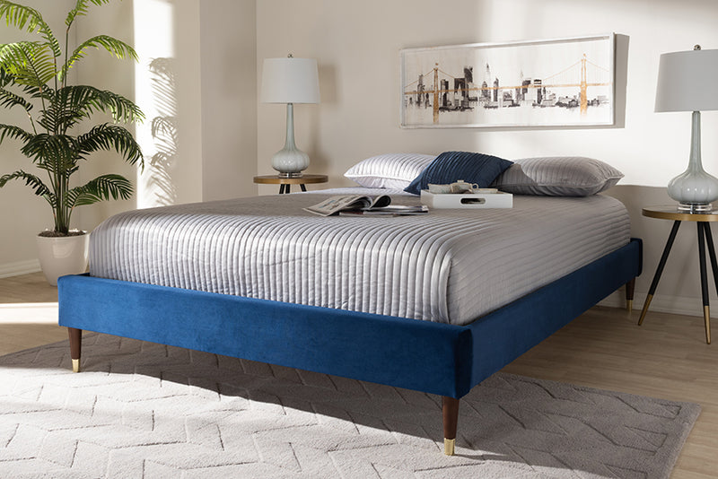 Alyssa Navy Blue Velvet Fabric Wood Platform Bed w/Gold Leg (King) iHome Studio