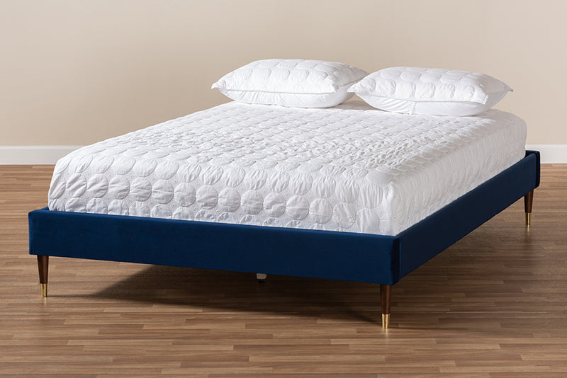 Alyssa Navy Blue Velvet Fabric Wood Platform Bed w/Gold Leg (King) iHome Studio