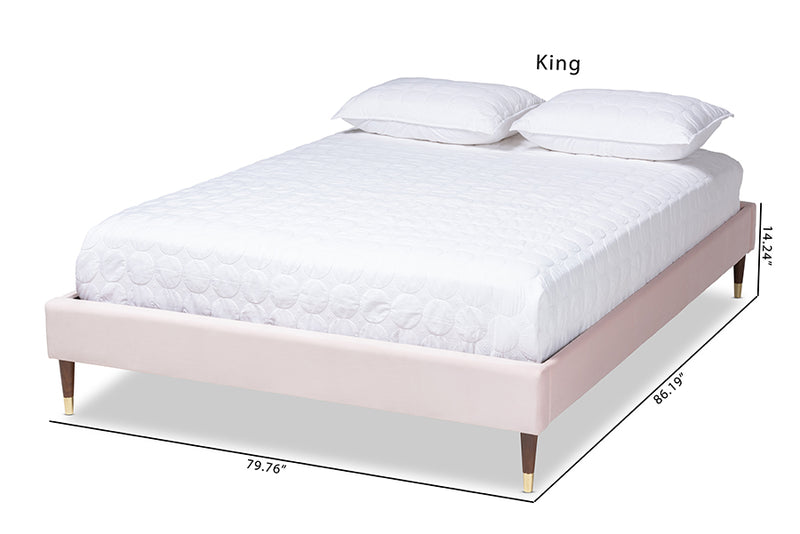 Alyssa Light Pink Velvet Fabric Wood Platform Bed w/Gold Leg (King) iHome Studio
