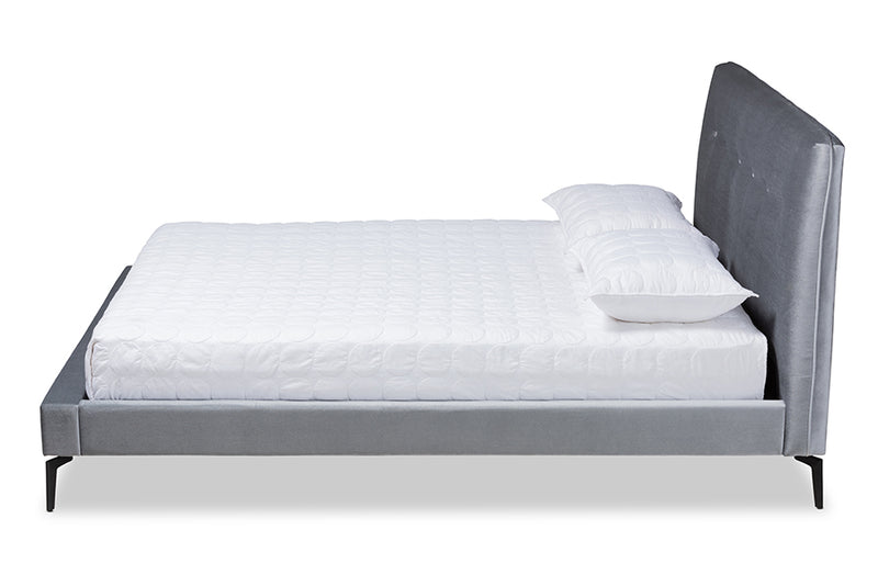 Kennedy Silver Gray Velvet Fabric Upholstered Platform Bed (Queen) iHome Studio