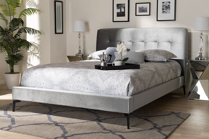 Kennedy Silver Gray Velvet Fabric Upholstered Platform Bed (Queen) iHome Studio