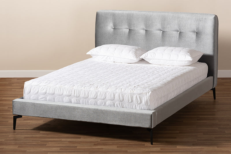 Kennedy Silver Gray Velvet Fabric Upholstered Platform Bed (Queen) iHome Studio