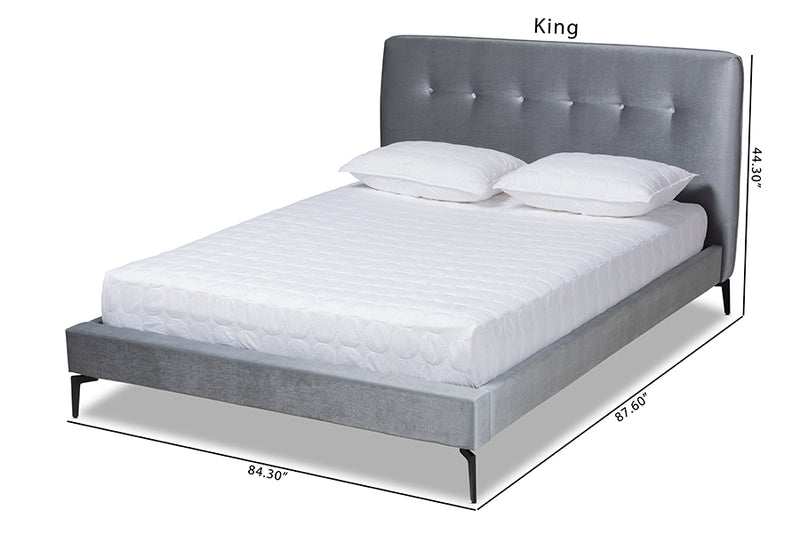 Kennedy Silver Gray Velvet Fabric Upholstered Platform Bed (King) iHome Studio