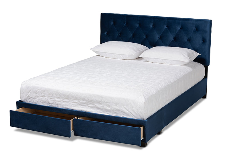 Zoey Navy Blue Velvet Fabric 2-Drawer Platform Storage Bed (Queen) iHome Studio