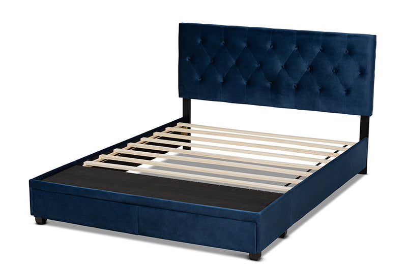 Zoey Navy Blue Velvet Fabric 2-Drawer Platform Storage Bed (Queen) iHome Studio