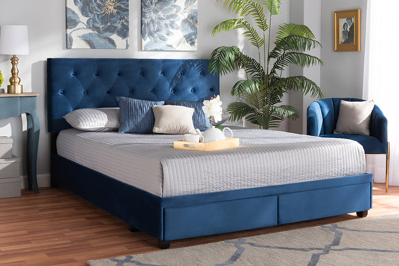 Zoey Navy Blue Velvet Fabric 2-Drawer Platform Storage Bed (Queen) iHome Studio