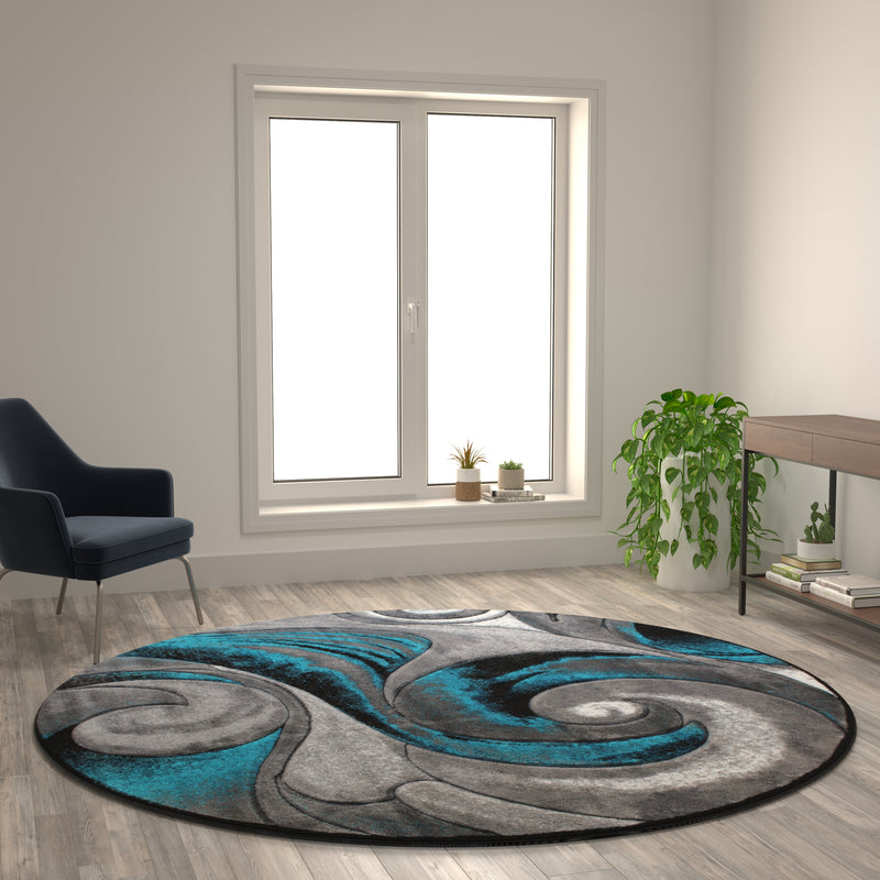 Angie Collection 8' x 8' Round Turquoise Swirl Olefin Area Rug with Jute Backing iHome Studio
