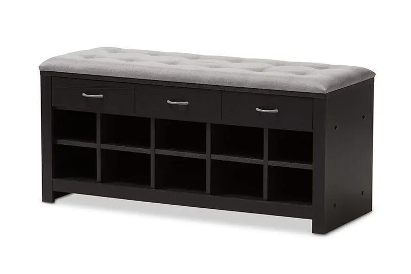 Adalwin Espresso Finished Grey Fabric Upholstered Cushioned Entryway Bench iHome Studio
