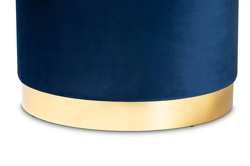 Adam Navy Blue Velvet Fabric Upholstered Gold Finished Storage Ottoman iHome Studio