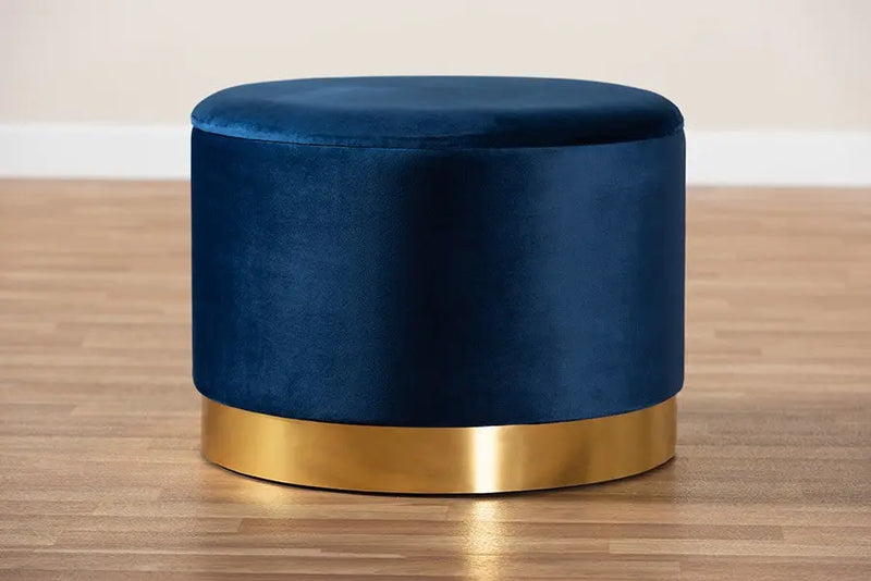 Adam Navy Blue Velvet Fabric Upholstered Gold Finished Storage Ottoman iHome Studio