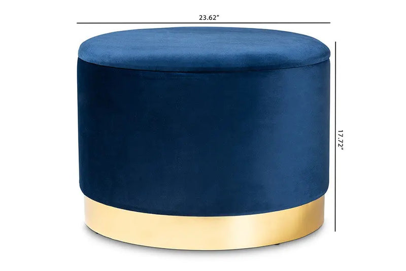 Adam Navy Blue Velvet Fabric Upholstered Gold Finished Storage Ottoman iHome Studio