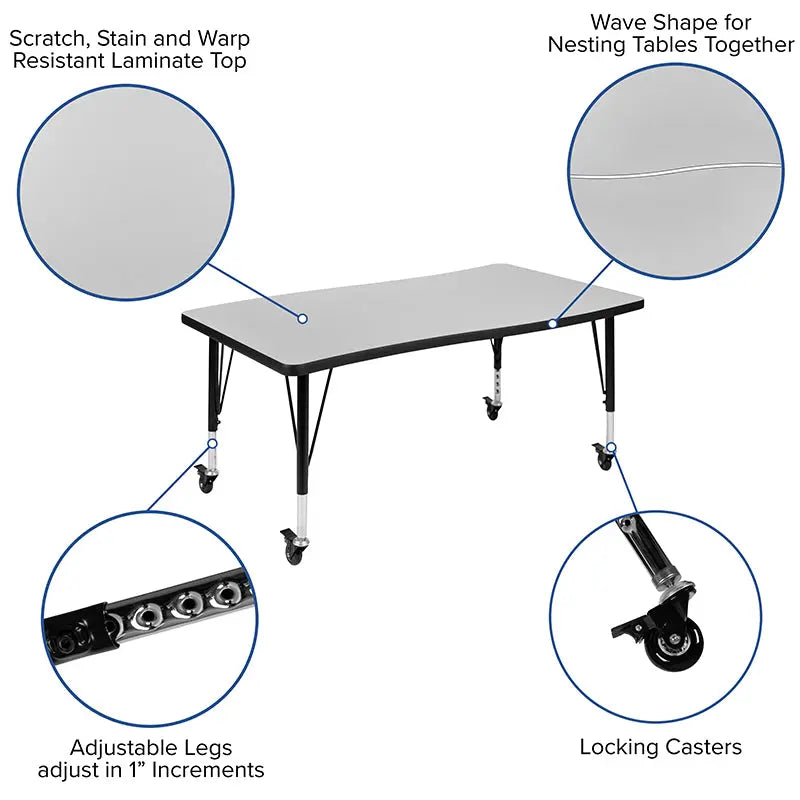 Adelaide 3 Piece Mobile 76" Oval Wave Flexible Thermal Laminate Activity Table Set - Height Adjustable Short Legs iHome Studio