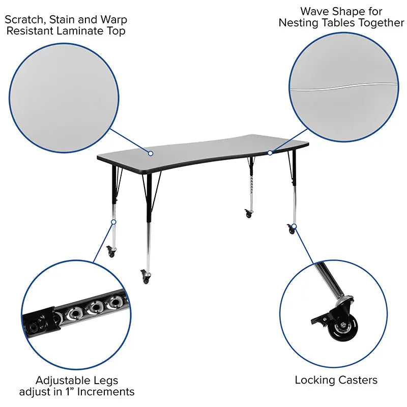 Adelaide 3 Piece Mobile 86" Oval Wave Flexible Thermal Laminate Activity Table Set-Standard Height Adjustable Legs iHome Studio