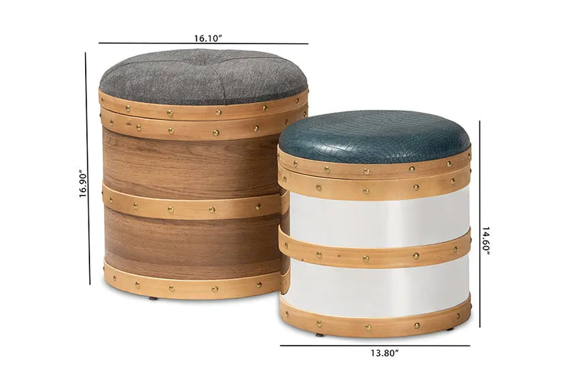 Adelaide Glam Grey Fabric/Blue Alligator Faux Leather Upholstered 2-Piece Wood/Metal Storage Ottoman Set iHome Studio