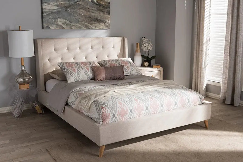 Adelaide Light Beige Fabric Platform Bed w/Button Tufted Headboard (King) iHome Studio