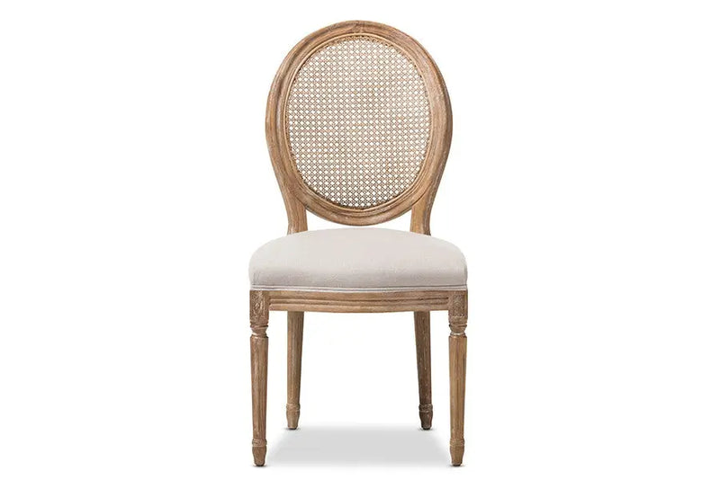 Adelia Oak Wood & Beige Fabric Upholstered Dining Side Chair, Round Cane Back iHome Studio
