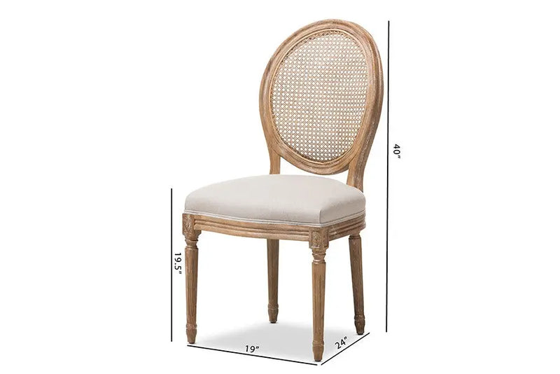 Adelia Oak Wood & Beige Fabric Upholstered Dining Side Chair, Round Cane Back iHome Studio