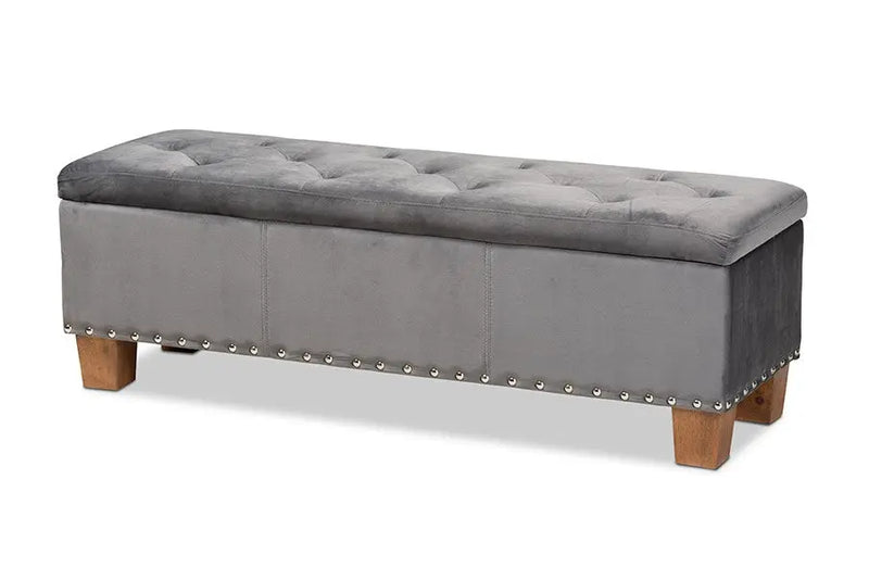 Adrian Grey Velvet Fabric Upholstered Button-Tufted Storage Ottoman Bench iHome Studio