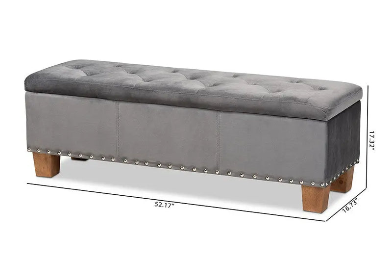Adrian Grey Velvet Fabric Upholstered Button-Tufted Storage Ottoman Bench iHome Studio