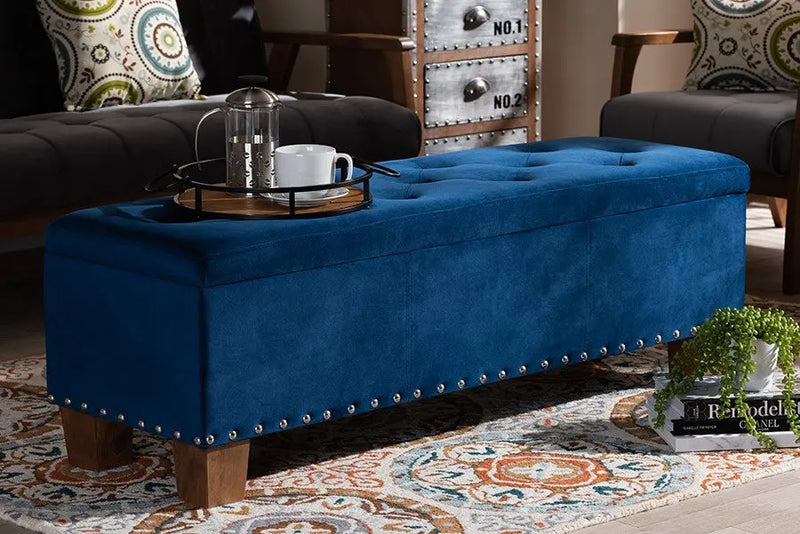 Adrian Navy Blue Velvet Fabric Upholstered Button-Tufted Storage Ottoman Bench iHome Studio