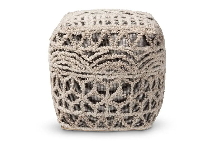 Aiden Moroccan Inspired Beige and Brown Handwoven Cotton Pouf Ottoman iHome Studio