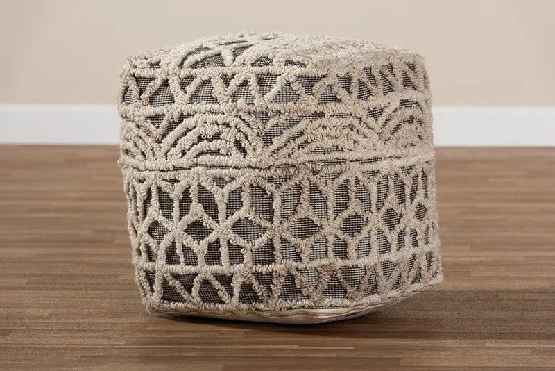 Aiden Moroccan Inspired Beige and Brown Handwoven Cotton Pouf Ottoman iHome Studio