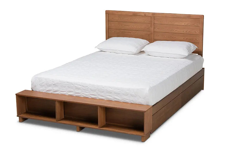Albany Ash Walnut Brown Wood 4-Drawer Platform Storage Bed w/Built-In Shelves (Queen) iHome Studio