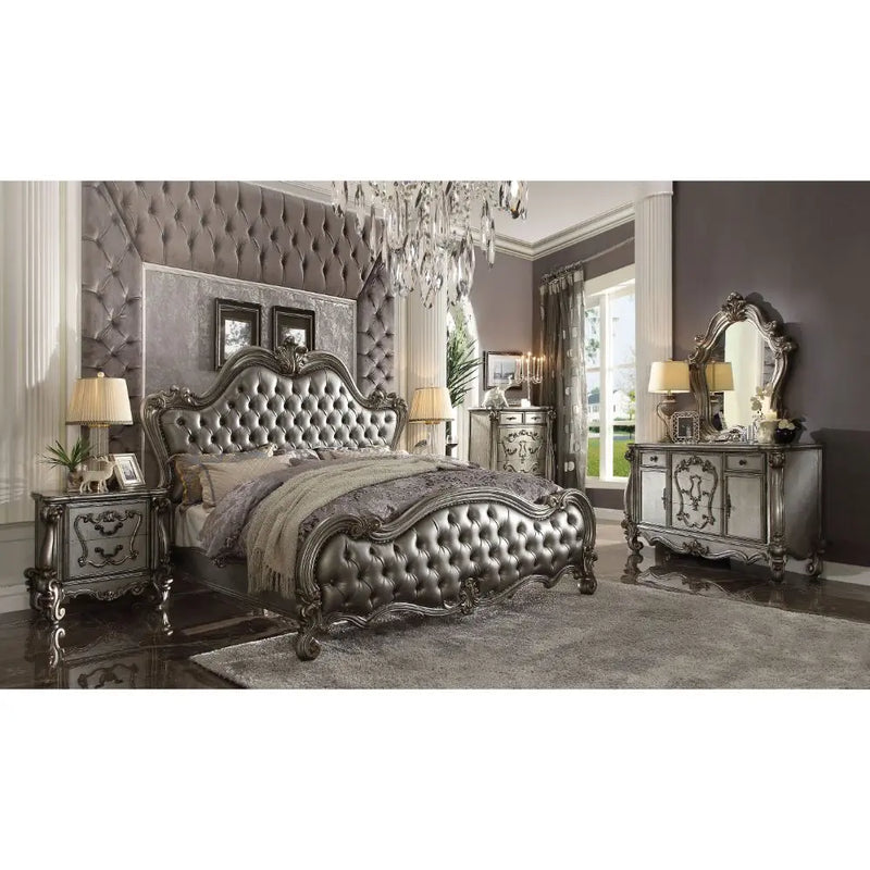 Albert California King Bed, Silver Faux Leather & Antique Platinum iHome Studio