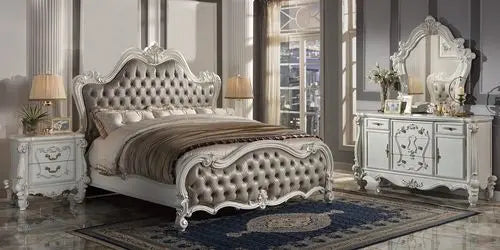Albert California King Bed, Vintage Gray Vintage Gray Faux Leather & White Finsih iHome Studio