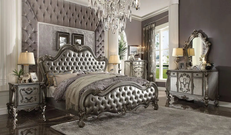 Albert Queen Bed, Silver Faux Leather & Antique Platinum iHome Studio