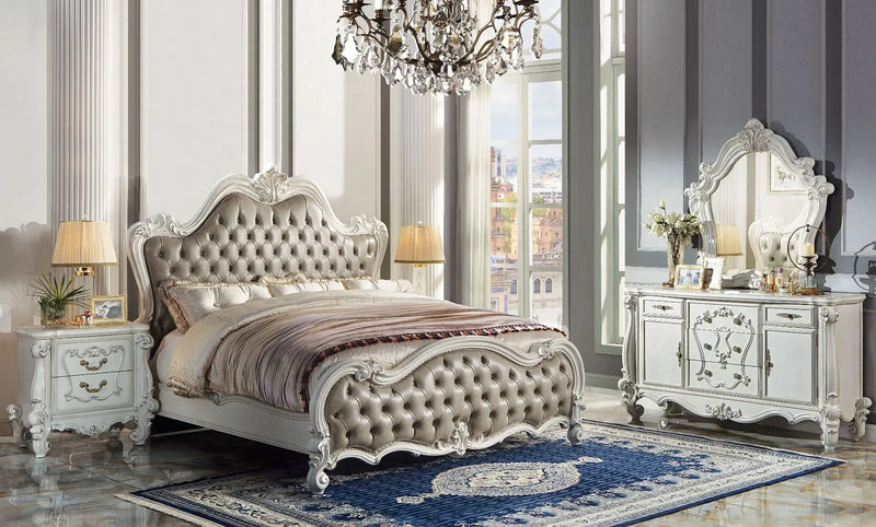 Albert Queen Bed, Vintage Gray Faux Leather & White Finsih iHome Studio