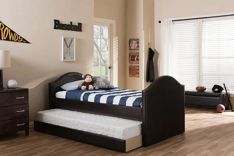 Alessia Dark Brown Faux Leather Upholstered Daybed with Guest Trundle Bed iHome Studio