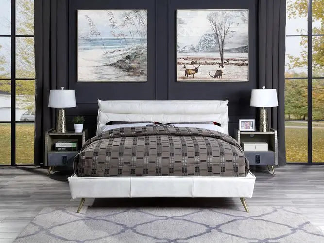 Alexa Queen Bed, Vntage White Top Grain Leather iHome Studio