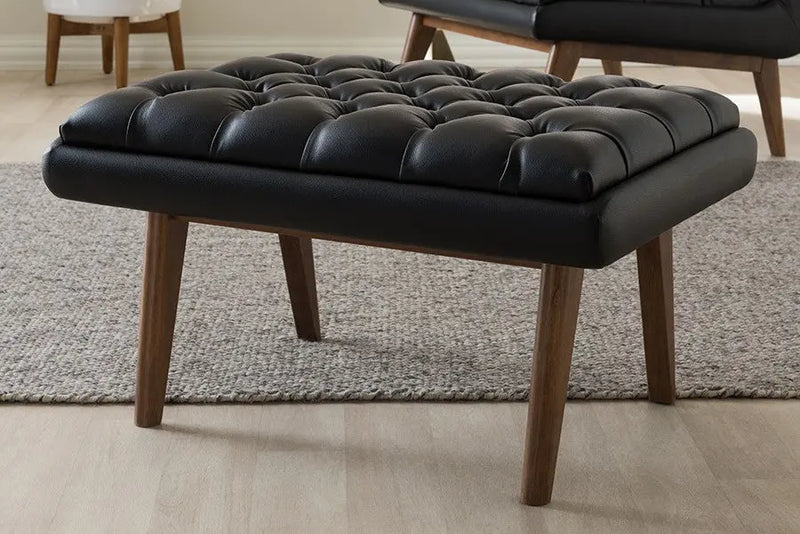 Alexander Black Faux Leather Upholstered Walnut Finished Wood Ottoman iHome Studio